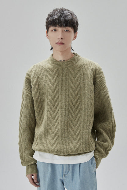 Cream Cable Knit Sweater With Chevron Pattern