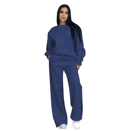 Autumn Winter Color Round Neck Long Sleeve Loose Wear Wide Leg Pants Suit