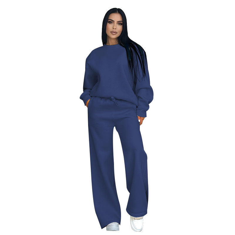 Autumn Winter Color Round Neck Long Sleeve Loose Wear Wide Leg Pants Suit