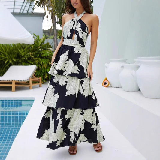 Spring Summer Clothing Print Tiered Dress Lace Up Maxi Dress