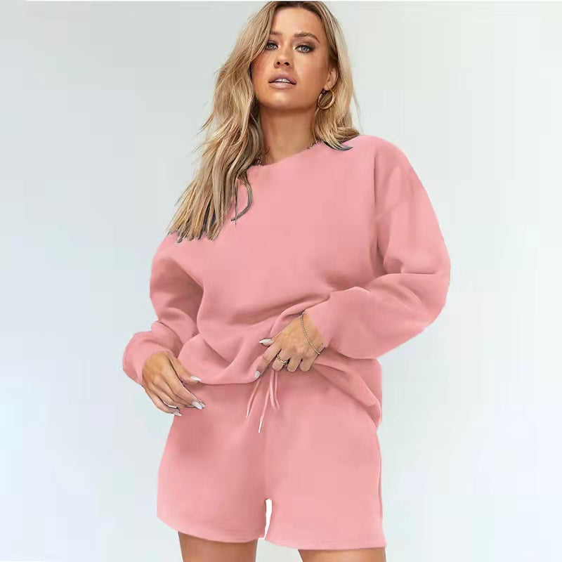 Color Rib Round-neck Clothing Brushed Hoody Side Pocket Shorts Suit