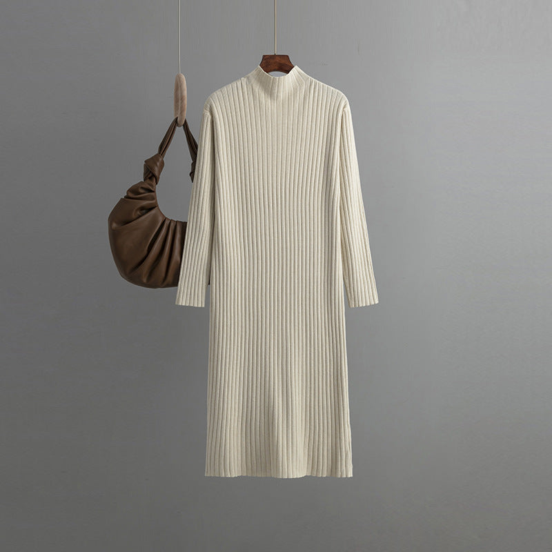 Knitted Bottoming Dress, Autumn Winter Half High Collar Mid Length Dinified Sweater Over the Knee