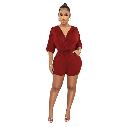 Color V Neck Fitted Waist Jumpsuit Shorts