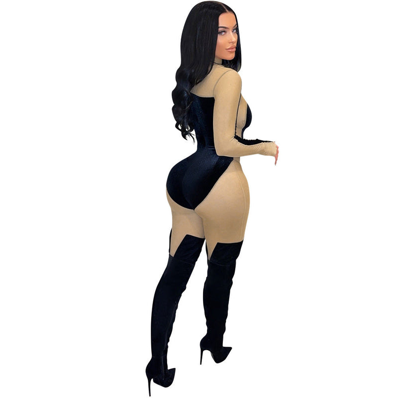 See-through Velvet Tight Slimming Sheath Jumpsuit
