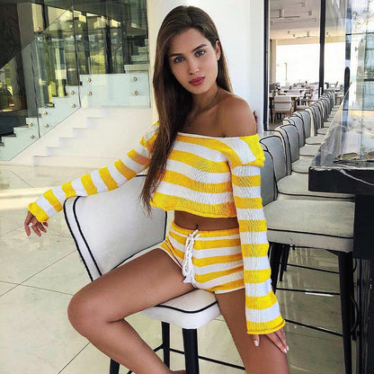 Knitted Striped Shorts Set Autumn Winter Long Sleeved Short Top Cropped Two Piece Set
