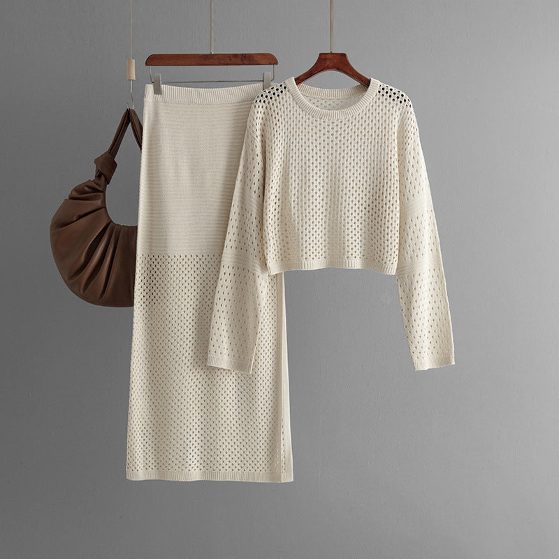 Summer Hollow Out Cutout Sweater Long Skirt Two Piece Set