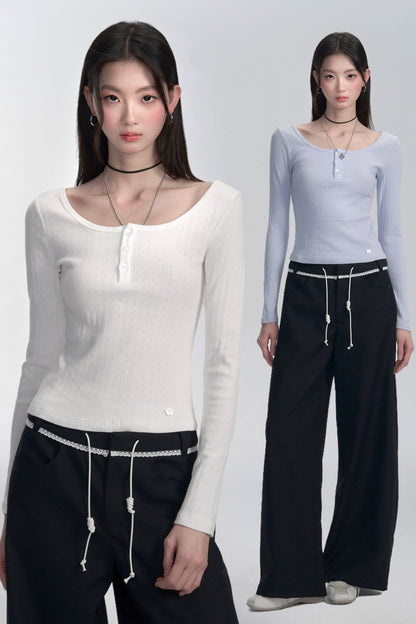 Ribbed Henley Long Sleeve T-shirt