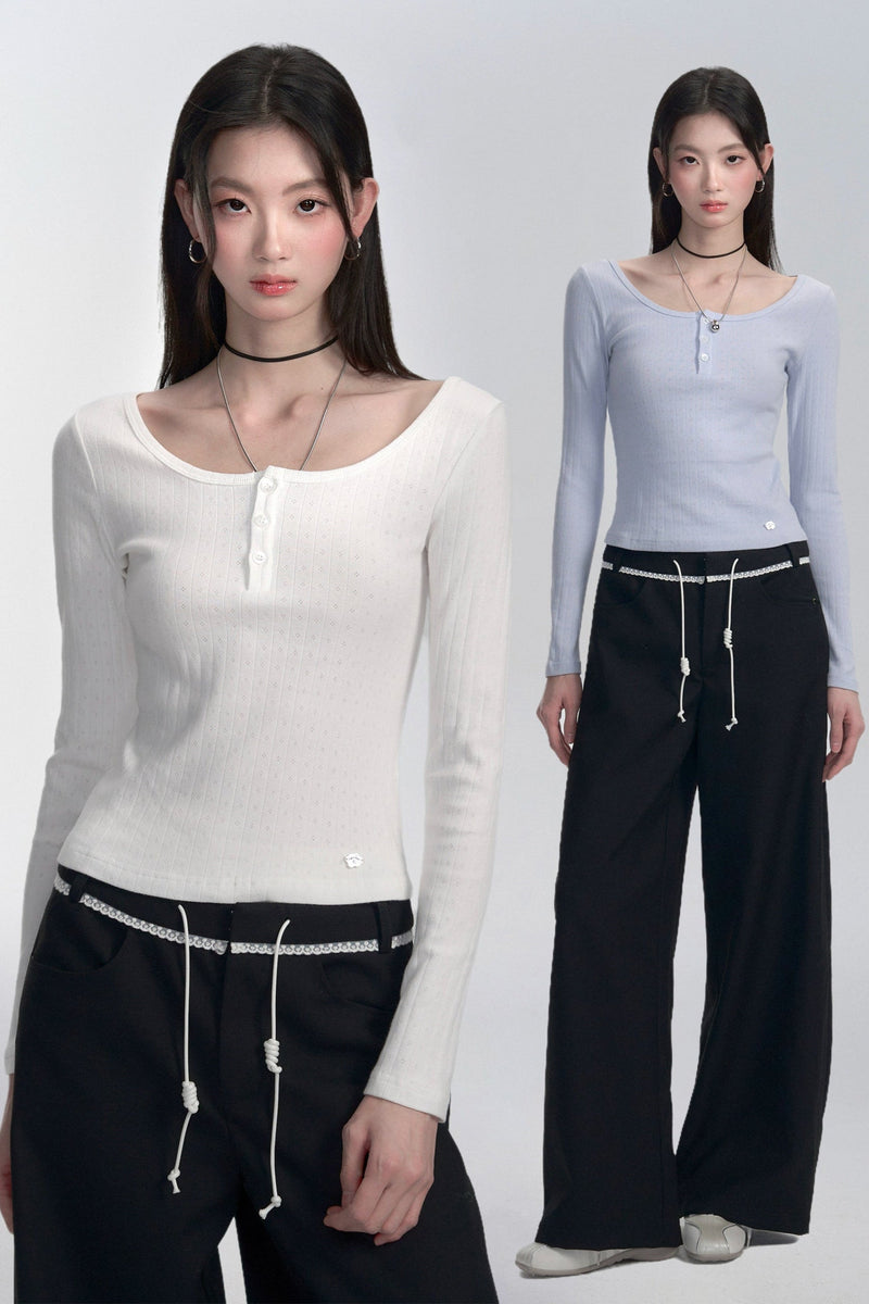 Ribbed Henley Long Sleeve T-shirt