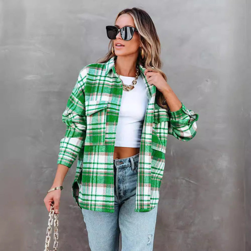 Plaid Cardigan Woolen Lapel Coat