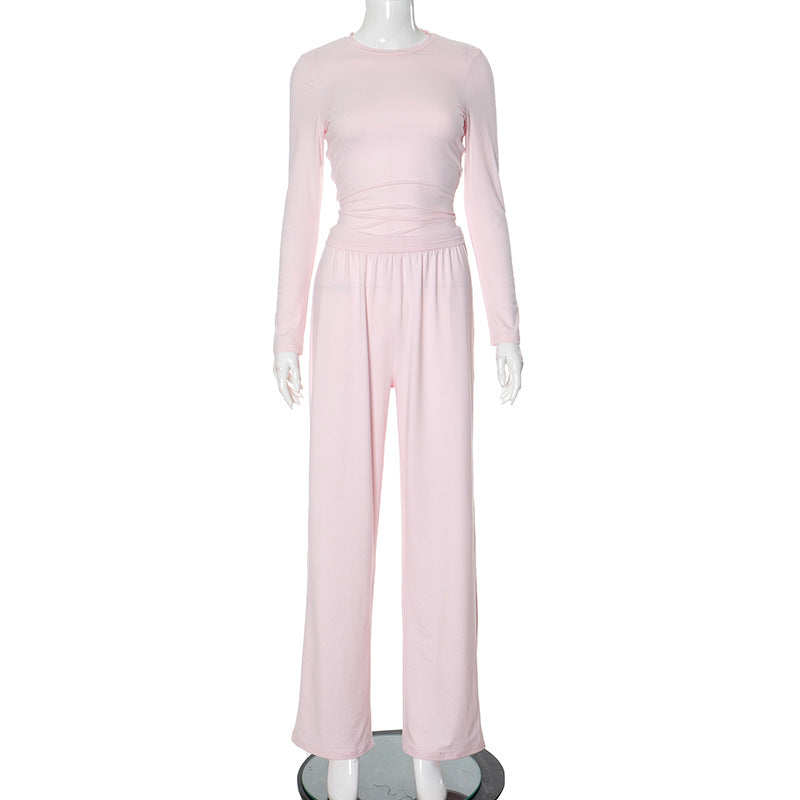Autumn Color Round Neck Long Sleeve Basic Wide Leg Pants Set