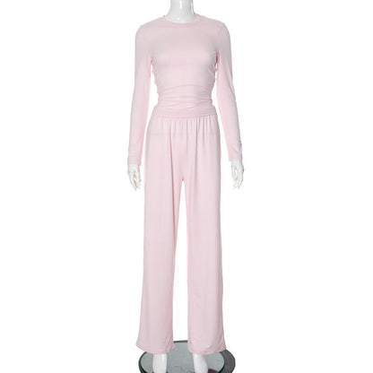Autumn Color Round Neck Long Sleeve Basic Wide Leg Pants Set