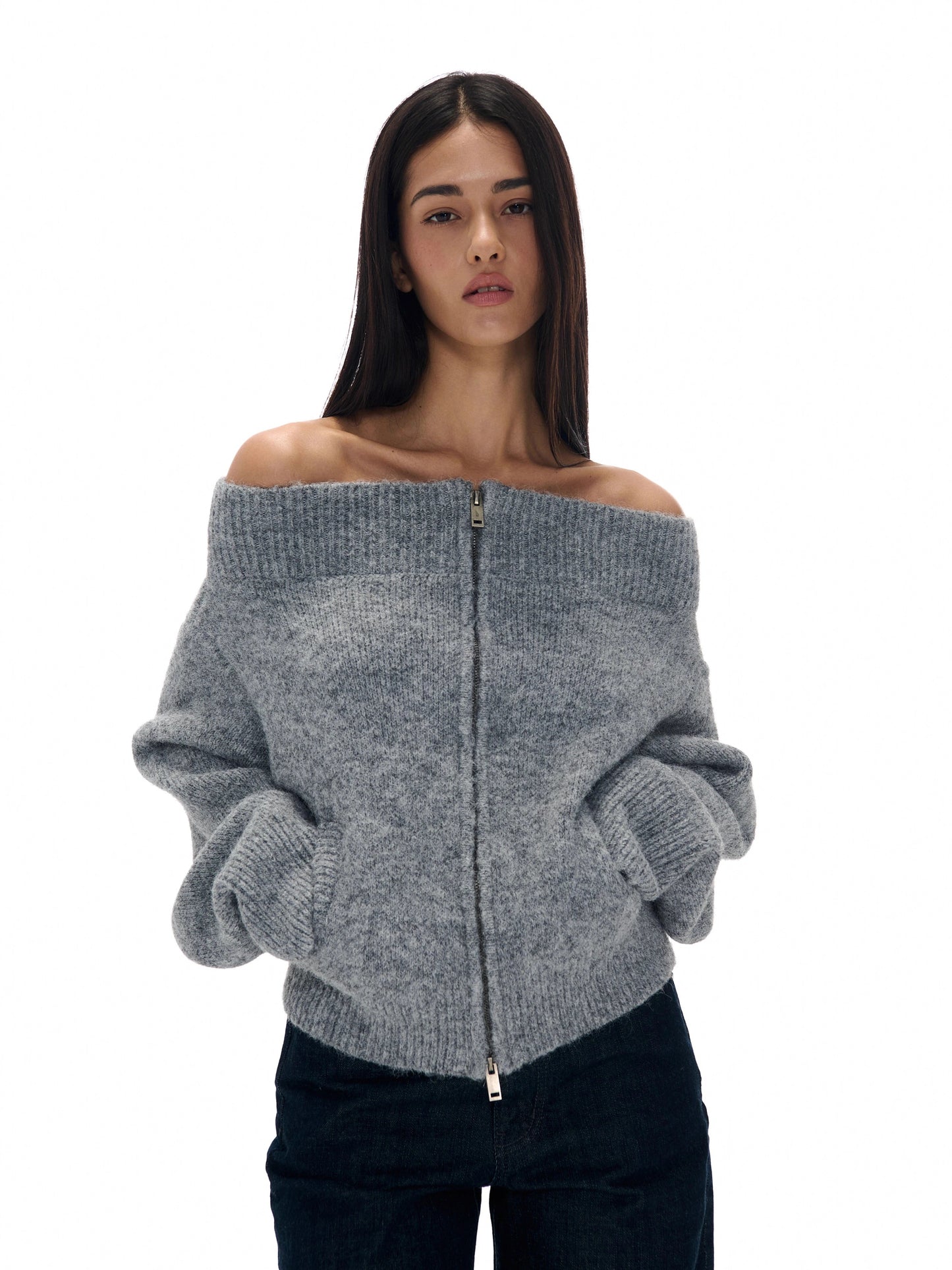 Off-the-shoulder Zipper Knit Cardigan