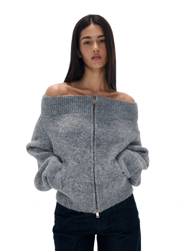Off-the-shoulder Zipper Knit Cardigan