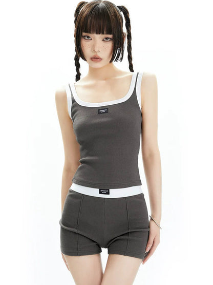 Black and White Contrast Trim Crop Top and Shorts Set