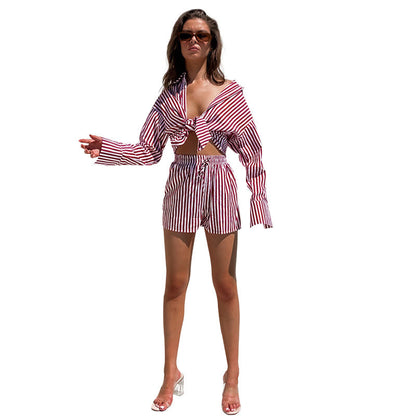Spring Summer Office Pants Suit Shirt Striped Long Sleeve Split Two-piece Set