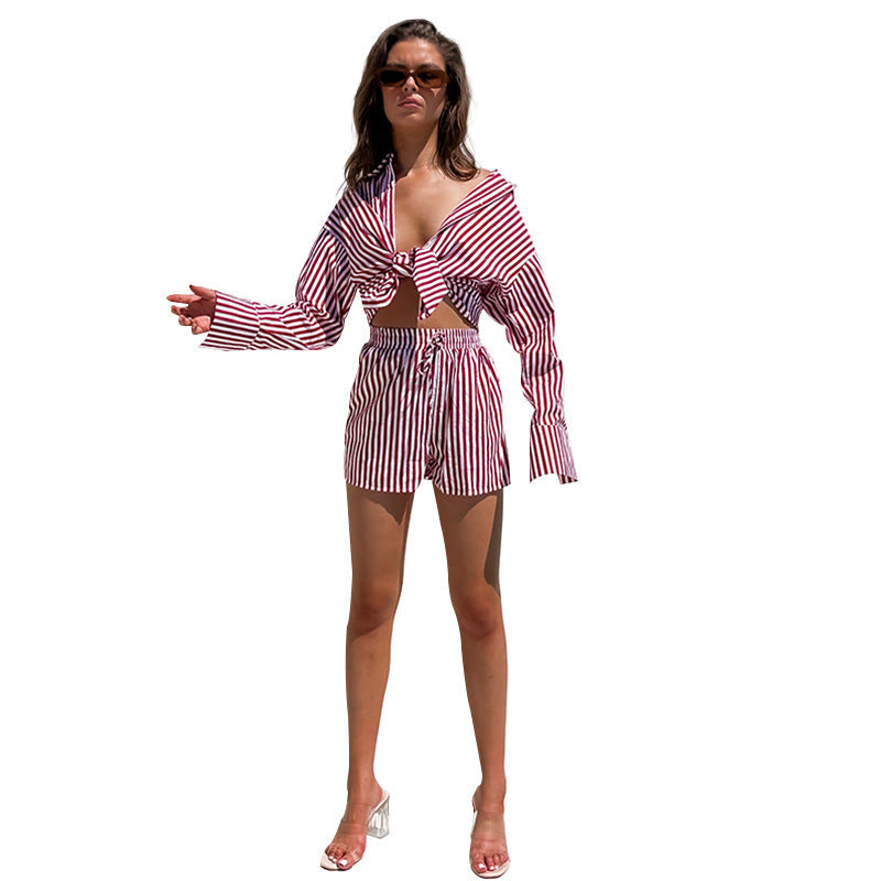 Spring Summer Office Pants Suit Shirt Striped Long Sleeve Split Two-piece Set