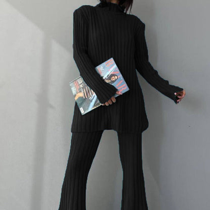 High Neck Ribbing Knitting Set Autumn Winter Pullover Sweater Pants Woolen Two Piece Set