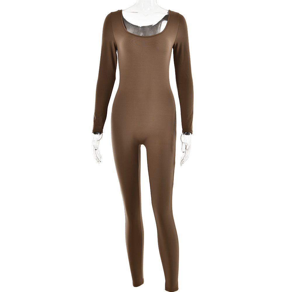Soft High Elastic Long Sleeve Tights U Collar Stitching Trousers Jumpsuit