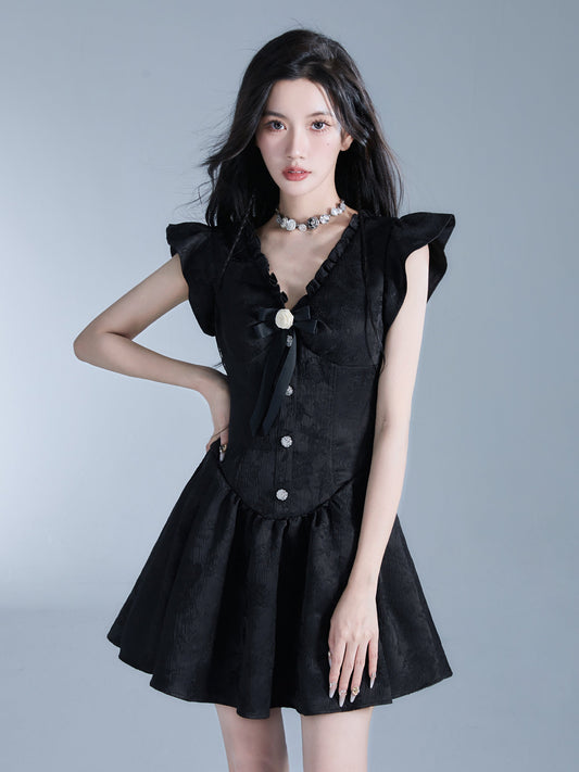 -inspired Black Flutter Sleeve Mini Dress With Button Front