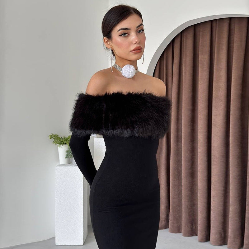 Autumn Maxi Dress Off Shoulder Fur Collar Slim Fit Dress