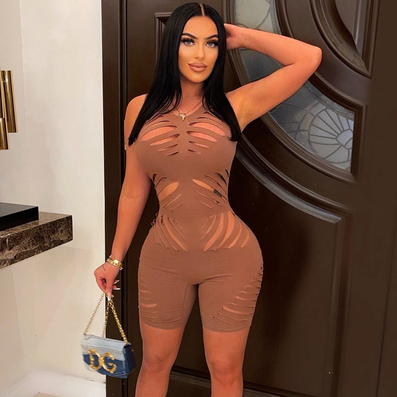 Clothing Summer Hollow Out Cutout Sleeveless High Elastic Slim Fit Slim Jumpsuit