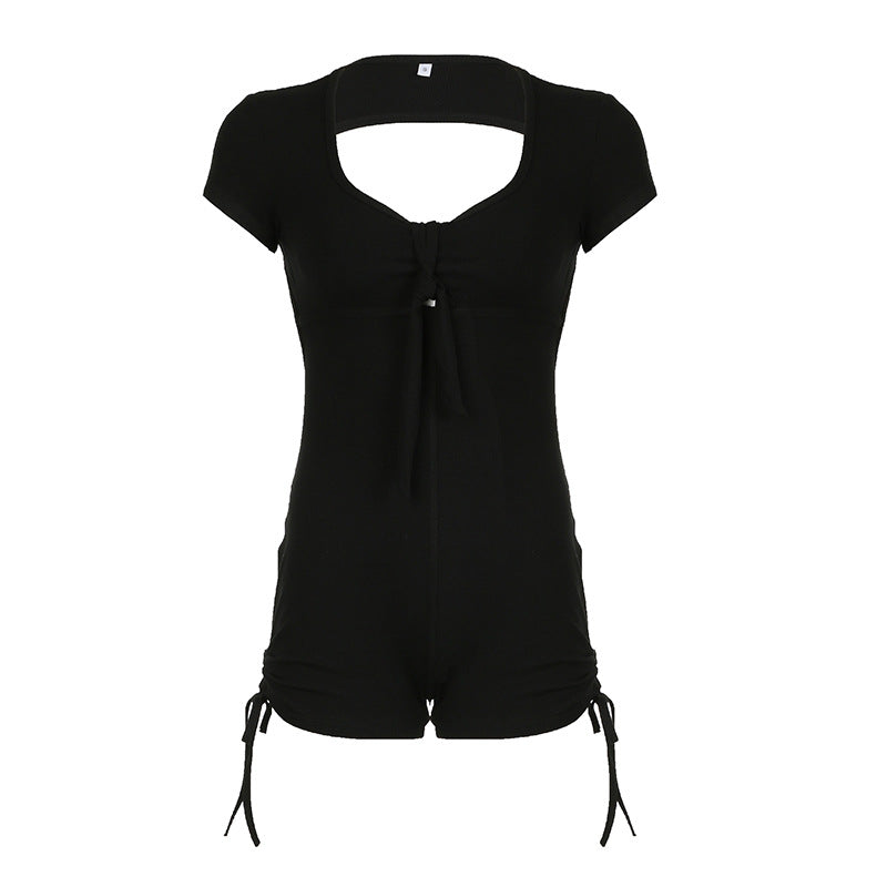 Summer Backless Drawstring Strap Sports Short Sleeved Jumpsuit Pleated Jumpsuit