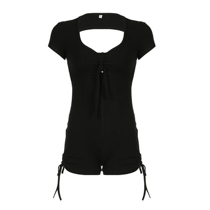 Summer Backless Drawstring Strap Sports Short Sleeved Jumpsuit Pleated Jumpsuit