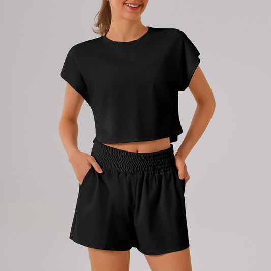 Color Round Neck Quick Dry Short Sleeved Top Faux Two Pieces Anti Exposure Shorts Loose Sports Yoga Fitness Set