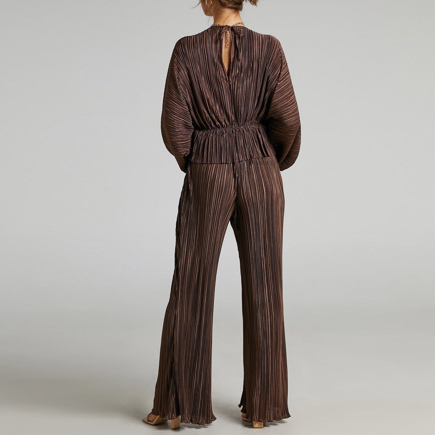 Clothing Set Autumn Winter High Elastic Pleated Waist Deep V Plunge Plunge Wide Leg Pants Two Piece Set
