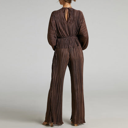 Clothing Set Autumn Winter High Elastic Pleated Waist Deep V Plunge Plunge Wide Leg Pants Two Piece Set