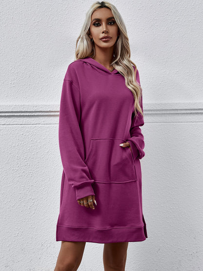 Autumn Winter Clothing Hooded Long Sleeve Kangaroo Pocket Split Long Sweater Dress