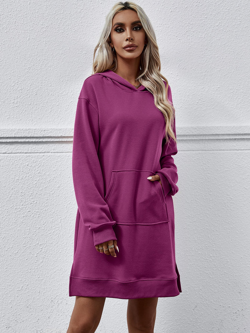 Autumn Winter Clothing Hooded Long Sleeve Kangaroo Pocket Split Long Sweater Dress