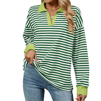 Autumn Winter Contrast Color Lapels Loose Long Sleeve Striped Sweater for