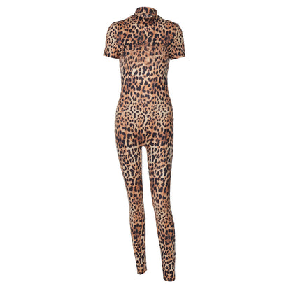 Clothing Summer Leopard Print Short Sleeve Backless Slim Fit Jumpsuit