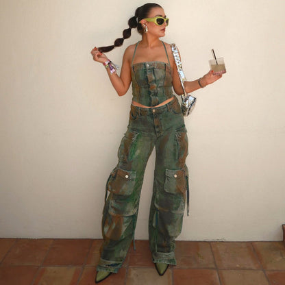 Street Clothing Heavy Industry Wash Gradient Color Halter Lace Up Vest Zipper Off Neck Bandeau Sling Pants Sets