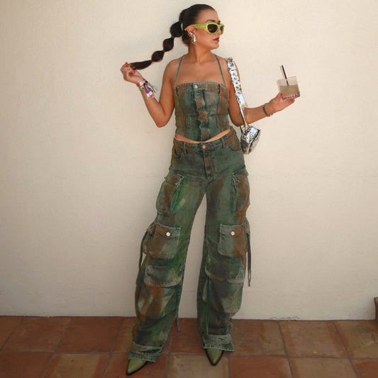 Street Clothing Heavy Industry Wash Gradient Color Halter Lace Up Vest Zipper Off Neck Bandeau Sling Pants Sets