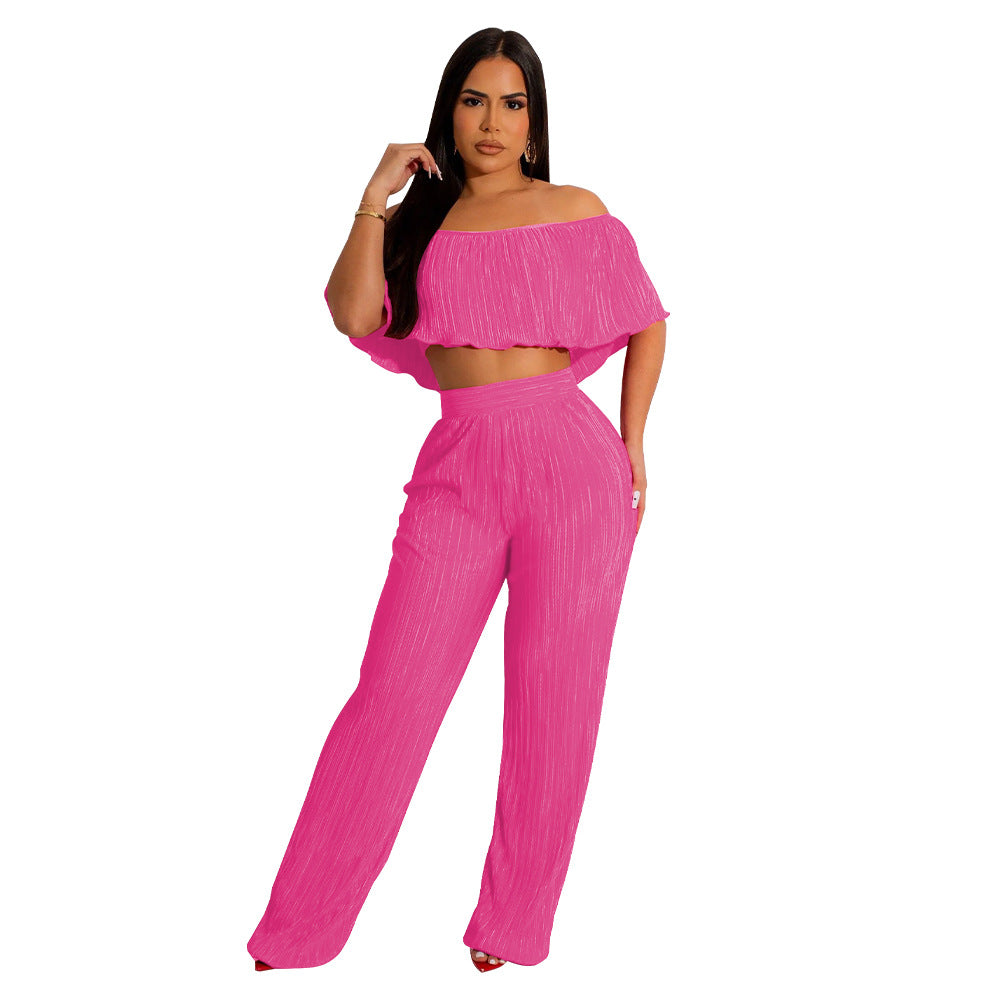 Clothing Popular Pleated Ruffled Off Shoulder Wide Leg Pants Suit