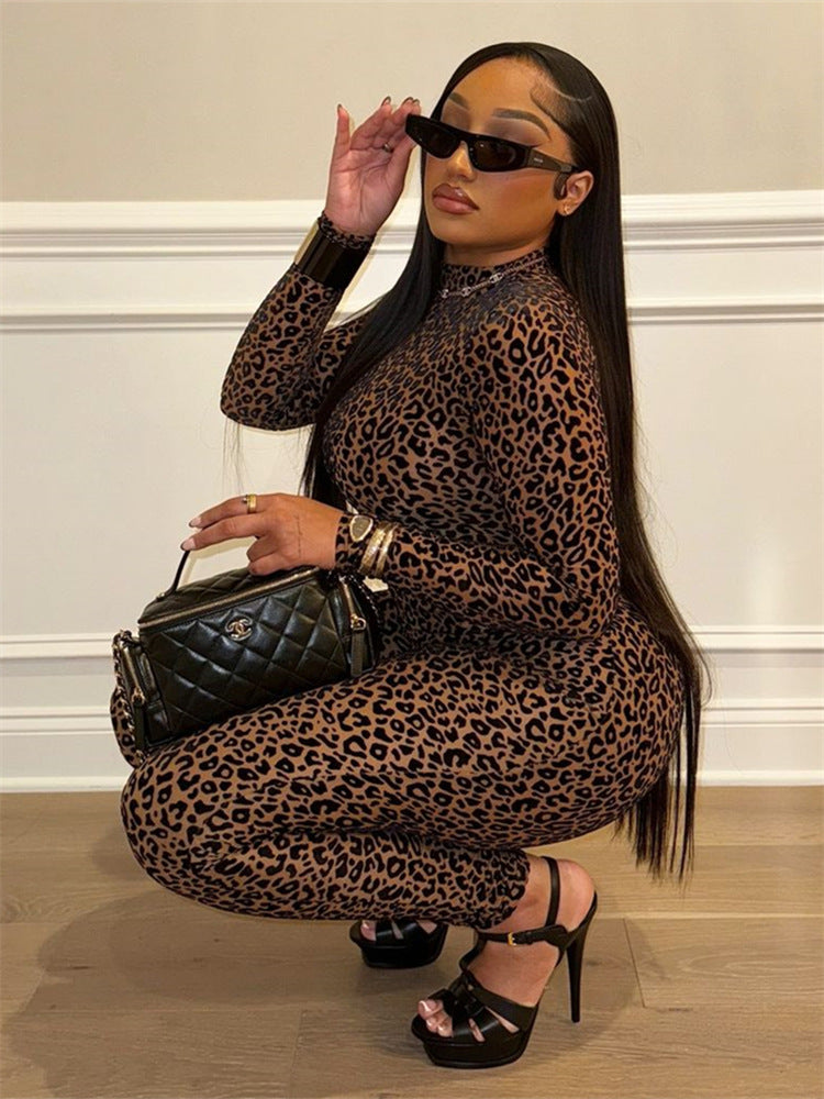 Autumn All Match Stretch Slim Fit Leopard Print Long Sleeve Jumpsuit for