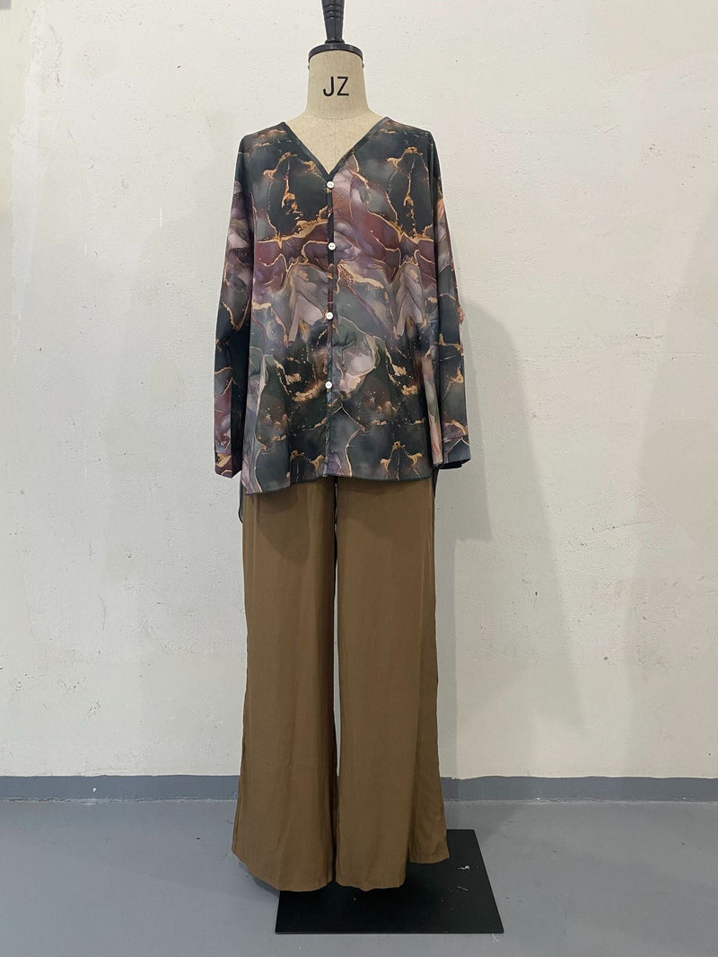 Spring Hand Painted Printed Shirt Top Wide Leg Pants Two Piece Clothing
