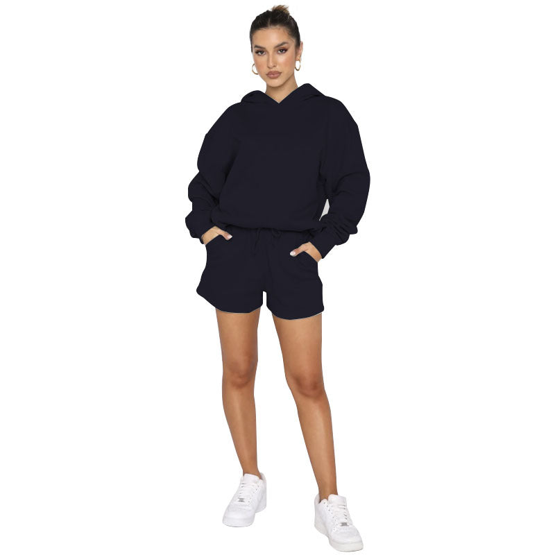 Autumn Winter Color Pullover Hooded Long Sleeves Sweaters Clothing Shorts Suit
