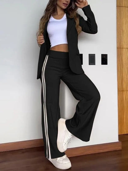 Autumn Winter Polo Collar Suit Wide Leg Pants Two Piece Suit