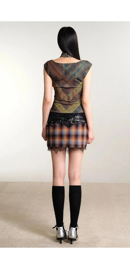 Of Akiva -inspired Plaid Camisole Top - Sleeveless Scoop Neck Blouse With Lace Trim and Matching Choker