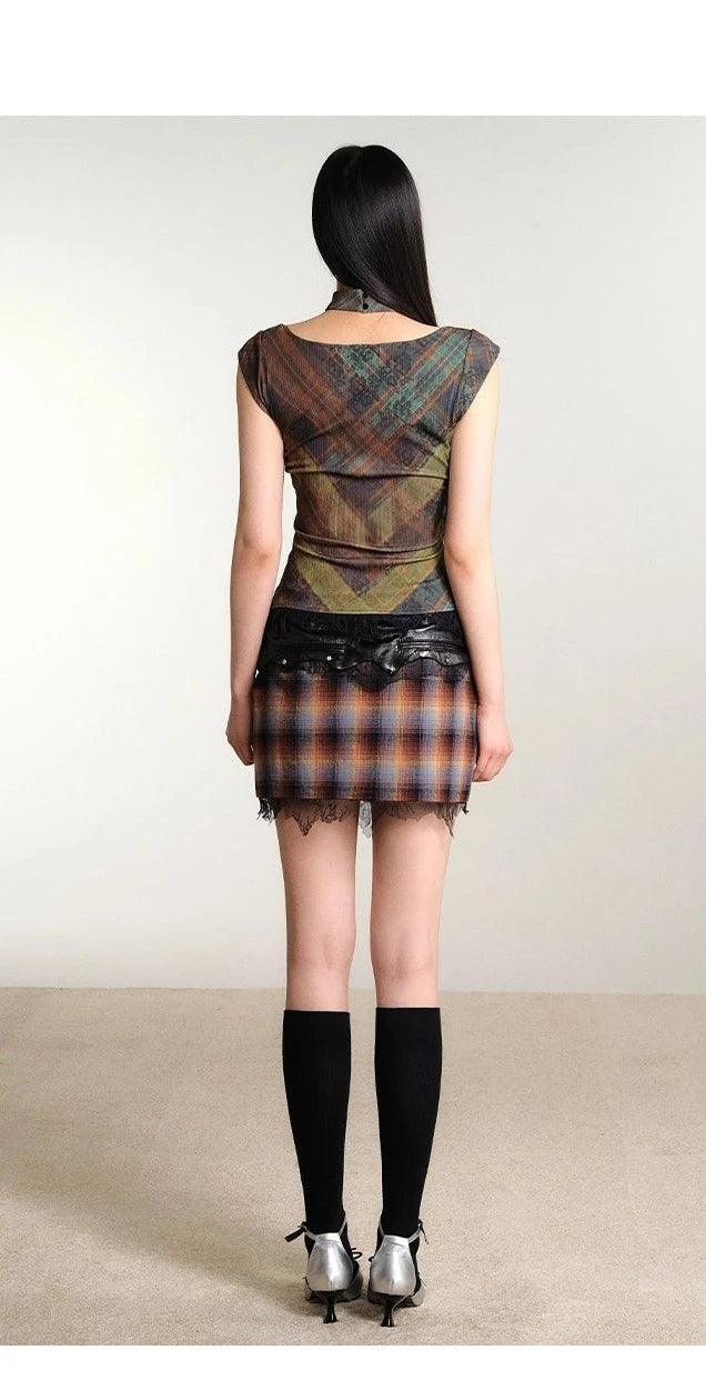 Of Akiva -inspired Plaid Camisole Top - Sleeveless Scoop Neck Blouse With Lace Trim and Matching Choker