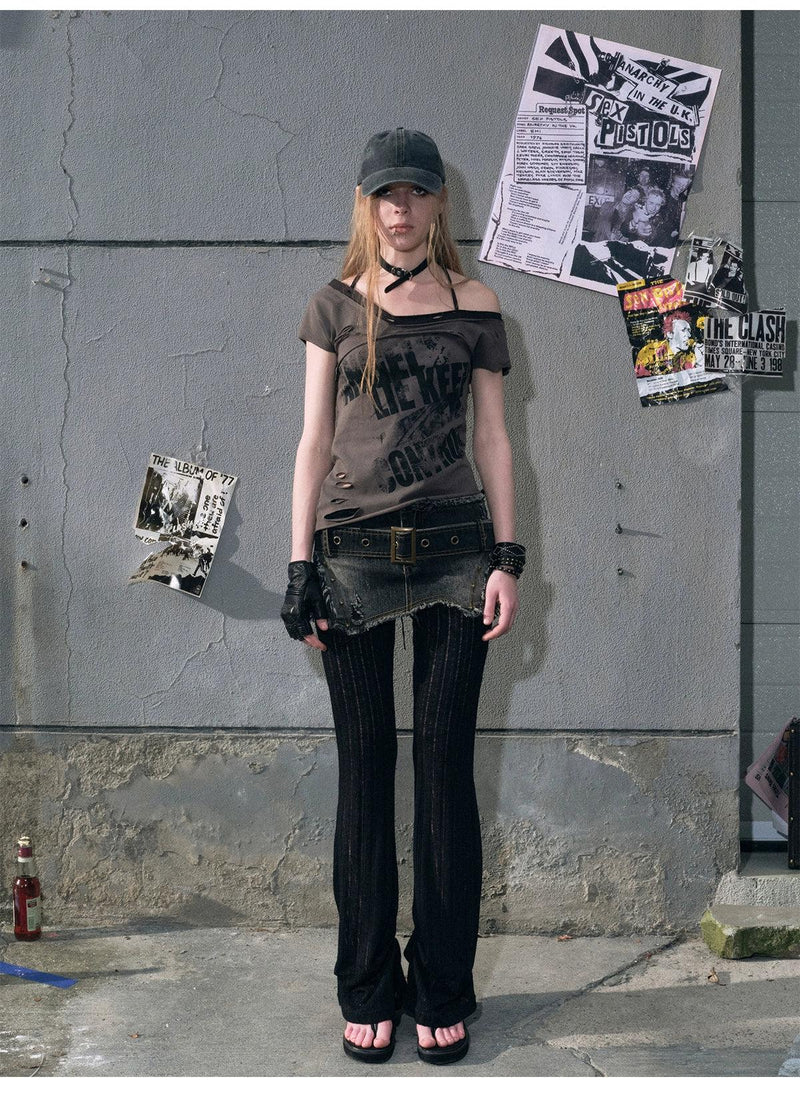 Cest Nous Distressed Graphic Off-shoulder Top - Tie-back T-shirt With Asymmetric Hem