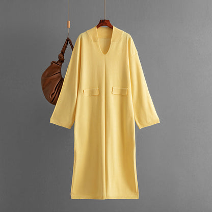 Autumn Winter V Neck Color Loose Knitted Dress Split Long Sleeve Long Dress