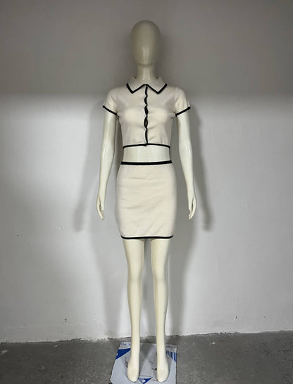 Summer Clothing Short Sleeve Black Contrast Color Trim Knitted Cardigan Sheath Skirt Outfit