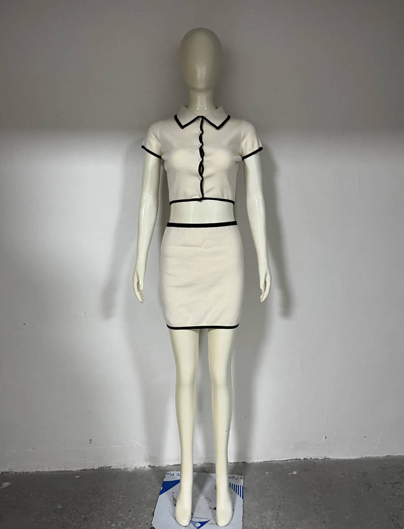 Summer Clothing Short Sleeve Black Contrast Color Trim Knitted Cardigan Sheath Skirt Outfit