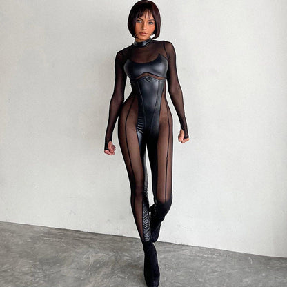 Clothing Autumn Stitching Mesh Round Neck Back Long Sleeve Zipper Jumpsuit