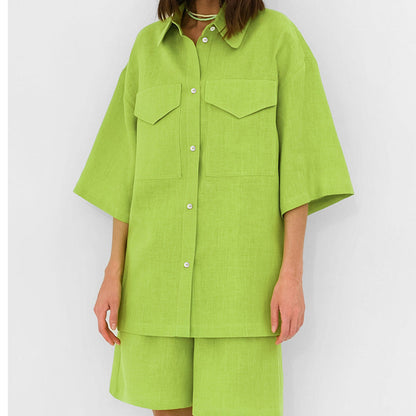 Color All Match Office Collared Drop Shoulder Twet Outfit Summer Straight Shorts Set