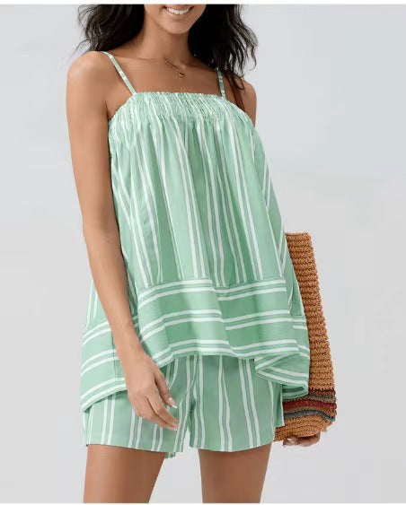 Spring Summer Striped Print Fresh Suspenders Smocking Shorts Set